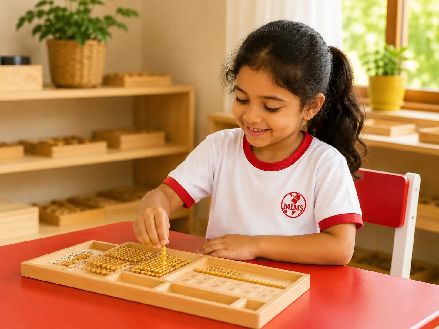 A child working with Montessori mathematics materials.