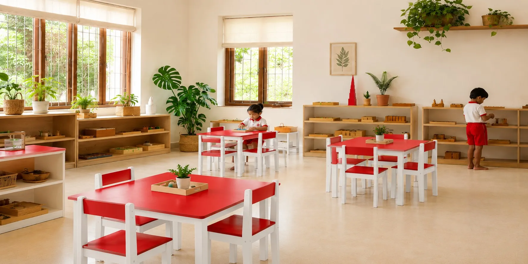 A wide, daylight-filled view of a real MIMS classroom.