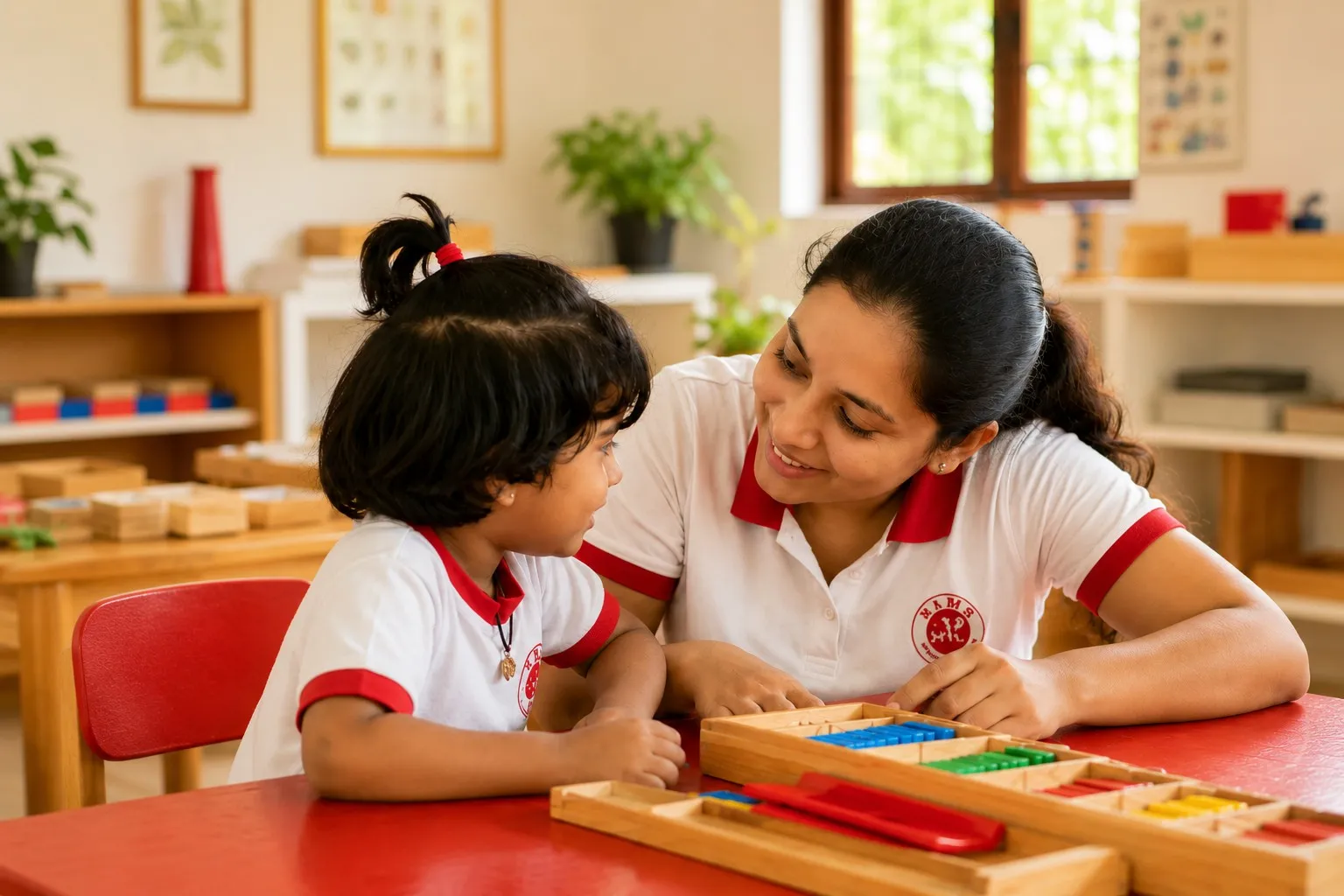 A child concentrating intently on Montessori work at MIMS.