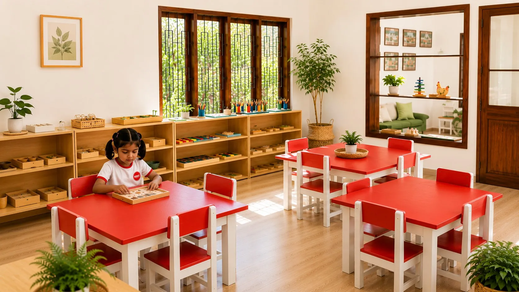 A child's-eye view of small hands using a real Montessori material.